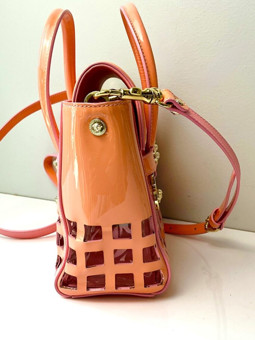 Versace Patent leather Medusa Top Handle Bag Pink Cutout Satchel - Picture 2 of 11
